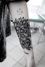arm black line of flowers and letter tattoo pattern
