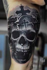 arm mysterious black and white skullTattoo pattern with cross