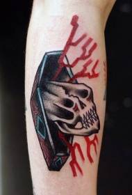 Rokas krāsas zārks ar ļauna galvaskausa tetovējuma modeli