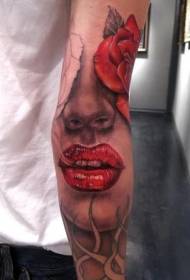 käsivarsi hauska väri nainen muotokuva ruusu tatuointi malli