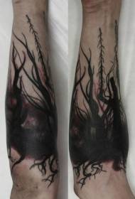 Arm simple black mysterious forest tattoo pattern