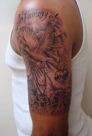 Mans de pregària del braç i lletra de colom, patró de tatuatge en blanc i negre