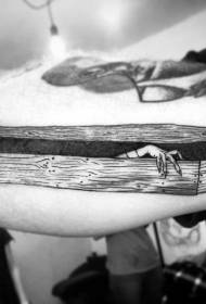 arm simple black and white wooden) Coffin with zombie hand tattoo pattern