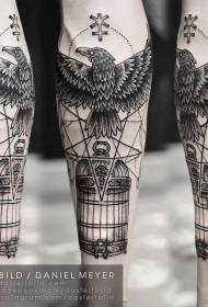 arm mysterious black and white big crow with cage symbol tattoo pattern