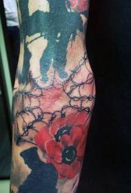 arm colored flowers with barbed wire tattoo pattern