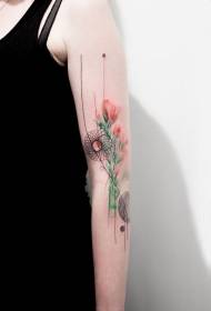 käsivarteen söpömaalattuja kukkia ja salaperäinen koristeellinen tatuointikuvio