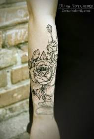 arm black and white line rose tattoo pattern