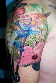 arm bright colored chameleon tattoo pattern