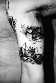 Arm black line ship and cloud tattoo pattern