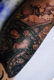 arm impressive black and white world map clock tattoo pattern