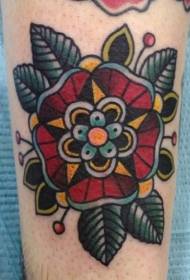 arm traditional red flowers and green leaf tattoo pattern