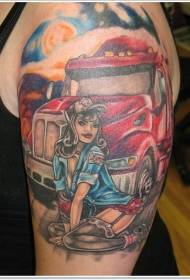голям манга стил оцветен секси женски модел татуировка на пожарникар