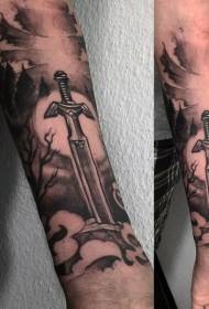 cool black and white mysterious sword arm tattoo pattern
