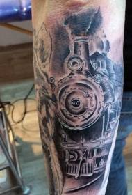 bras personnalité gris noir motif de tatouage train à vapeur