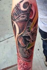 Craniu de diavol multicolor și braț de cască) Model de tatuaj