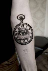 arm black triangle eyes and clock tattoo pattern