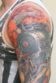 realistic color vintage steam train arm tattoo pattern