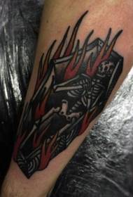 arm cartoon-like colored burning coffin tattoo pattern