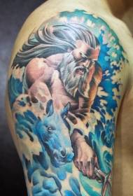 braço grande desenho animado cor raiva Poseidon mar deus tatuagem padrão