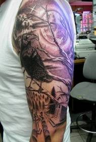 arm dark crow and cemetery tattoo pattern