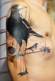 cool black crow and white flower arm tattoo pattern