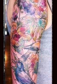arm beautiful colorful birds and flowers leaf tattoo pattern