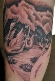 black swan and white swan lotus tattoo pattern on the arm lake