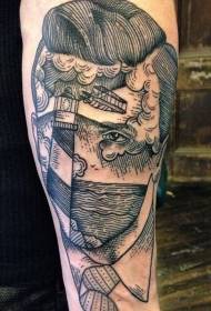 arm funny black anonymous portrait and lighthouse tattoo pattern