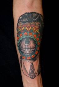 creepy mysterious portrait colored arm tattoo pattern