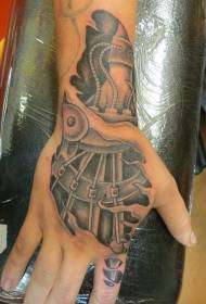ხელის უკან უზარმაზარი შავი და თეთრი მექანიკური ნაწილები ცრემლსადენი tattoo ნიმუში