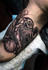 arm fun combination black bird with clock tattoo pattern