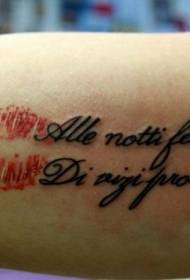 Italian letters and red lip print arm tattoo pattern