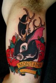 大 Modello di tatuaggio di fiori di coniglio e corna colorati a braccio