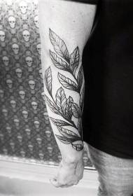 ramię prosty czarno-biały wzór tatuażu roślin z liści