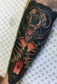 Patrón de tatuaje de brazo de oso de color de la vieja escuela genial