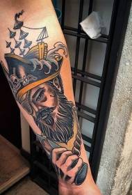 Old school color pirate portrait with ship arm tattoo pattern