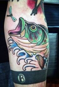 Cartoon style colorful big fish with skull arm tattoo pattern