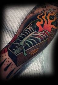 arm colored coffin and burning bone tattoo pattern