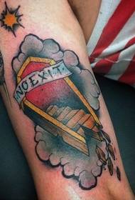 Arm colored broken coffin and cloud letter tattoo pattern