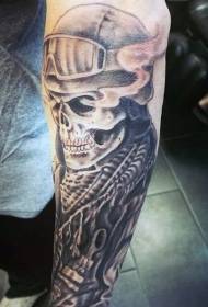 scary black and white skull and helmet arm tattoo pattern
