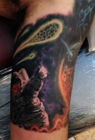 great color astronaut and space arm tattoo pattern