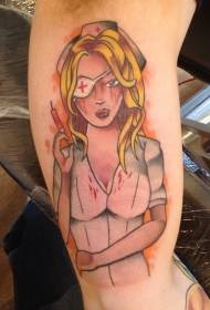 Manga style color zombie nurse arm tattoo pattern