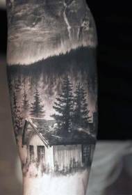 very realistic black and white country house arm tattoo pattern