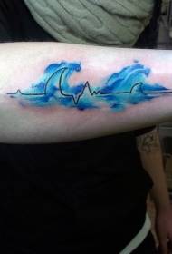 arm blue wavy and ECG tattoo pattern