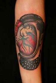 Funny heart and anonymous portrait colored arm tattoo pattern