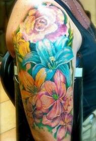 Big Arm Colored Tropical Flower Tattoo Pattern
