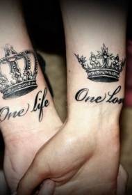 couple wrists beautiful crown and English alphabet tattoo pattern