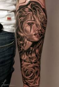 arm mexican style realistic hand-painted woman portrait tattoo pattern