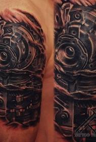 black and white mechanical arm tattoo pattern