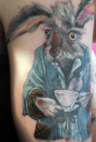 Arm colored rabbit and coffee cup tattoo pattern